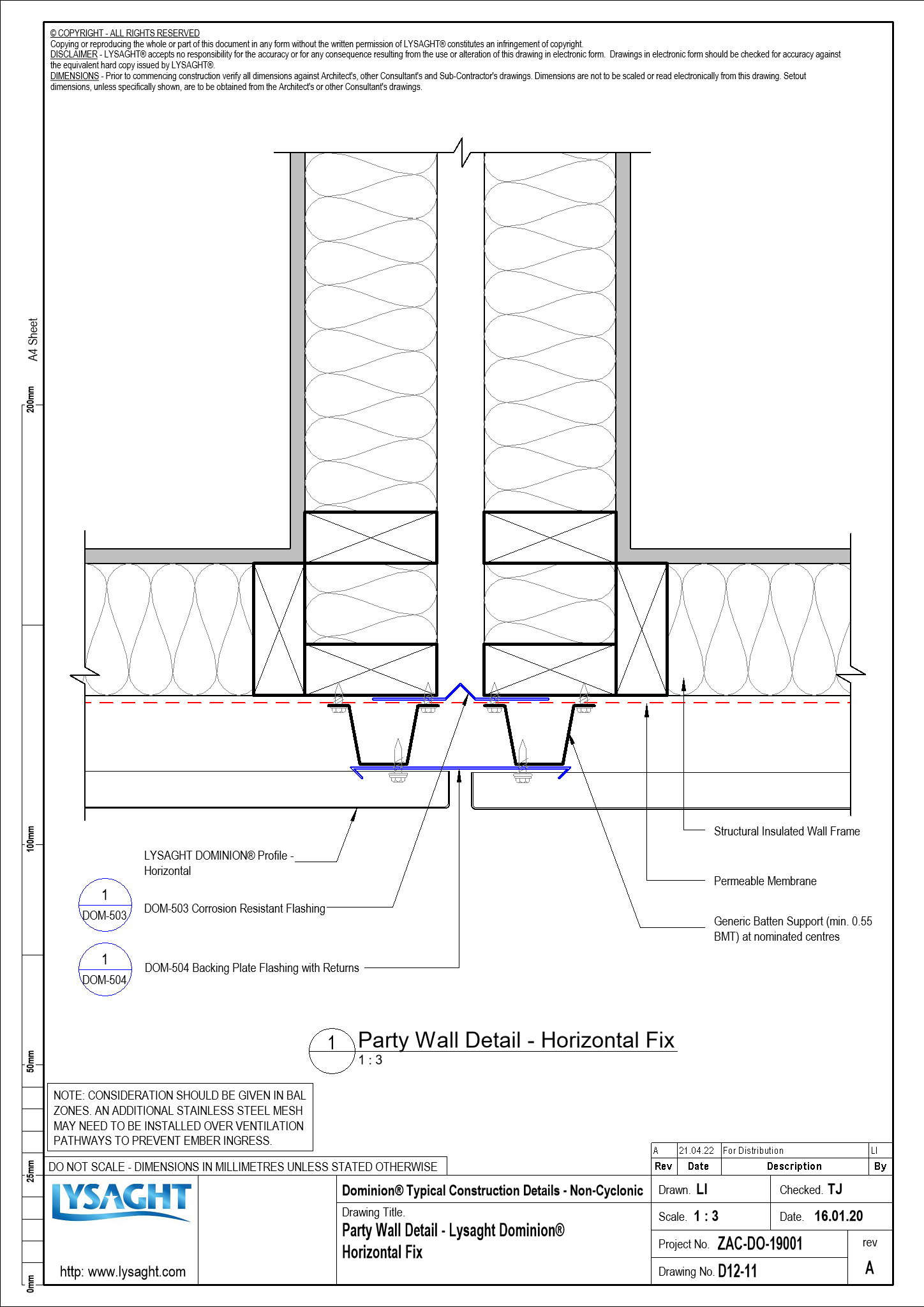 D1211 Party Wall Detail Lysaght Dominion® Horizontal Fix